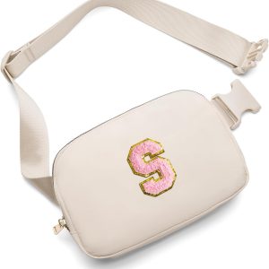 Gitus Belt Bag Fanny Pack Crossbody Bags with Initial Letter Patch Cute Stuff Birthday Gifts for Teenager Girls Trendy Preppy Stuff for Teen Girls(Beige-S)-0