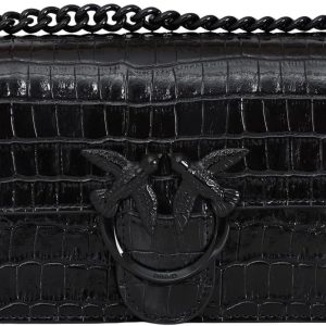 Pinko Love One Mini Black Ladies High Gloss Crocodile Look UNI Crossbody Bag, Black, Onesize-0