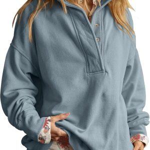 Gacaky Sweatshirt for Women Oversized Casual Long Sleeve Button Henley Neck Pullover Tops Fashion Outfits Clothes-0