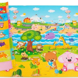 Baby Care Play Mat (Medium, Playful - Pinko & Friend) 73’’ x 49’’ Original One-Piece Reversible Rollable Waterproof Play Mat for Infants, Babies, Toddler, and Kids-0