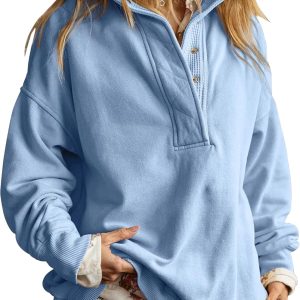 Gacaky Sweatshirt for Women Oversized Casual Long Sleeve Button Henley Neck Pullover Tops Fashion Outfits Clothes-0