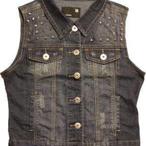 Women's Studs Dark Sand Blast Vest Denim (PVM003)-0